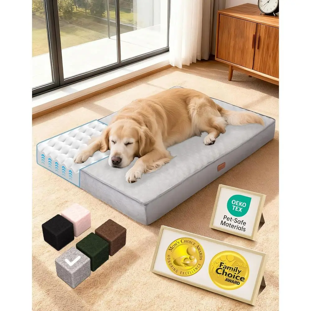 

Ортопедическая водонепроницаемая лежанка для собак крупных пород, с моющимся съемным чехлом из легкоочищаемой ткани, наполнителем из высокоплотного пенополиуретана и удобной ручкой для переноски.