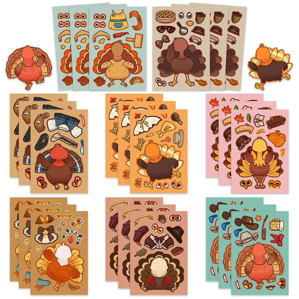 

8/16/32Sheets Cartoon Thanksgiving Turkey DIY Puzzle Stickers Dress Up Game Face Funny Assemble Stickers Kids Girls Boys Girls