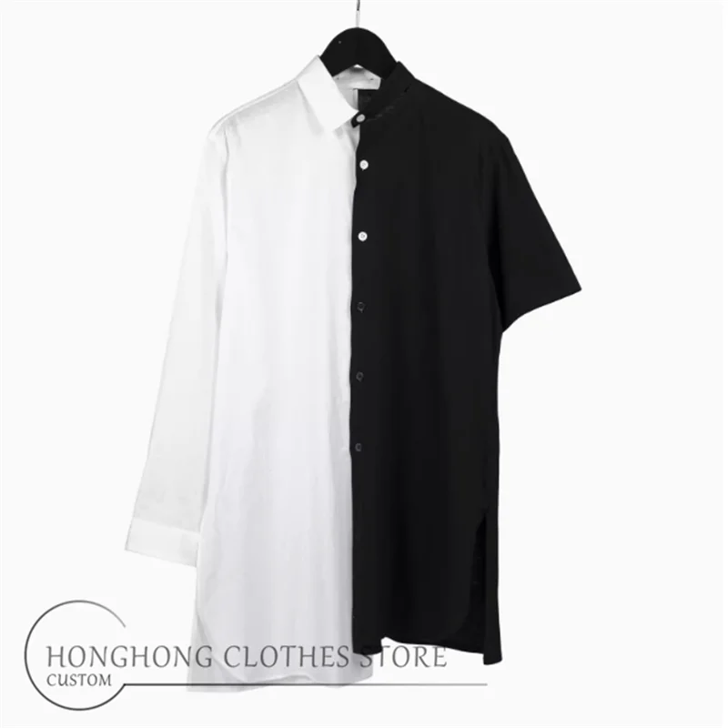 In 2024, the new original design is dark, a small black and white cotton patchwork half-sleeve shirt for men