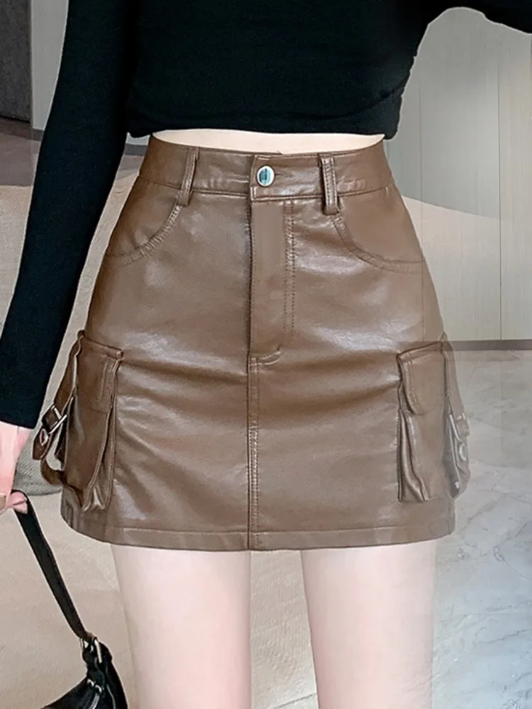 Sexy Slimming Washed PU Leather  Skirt American Workwear Half Skirt Anti-Light Tight Fit Short Skirt Street Style High Waist