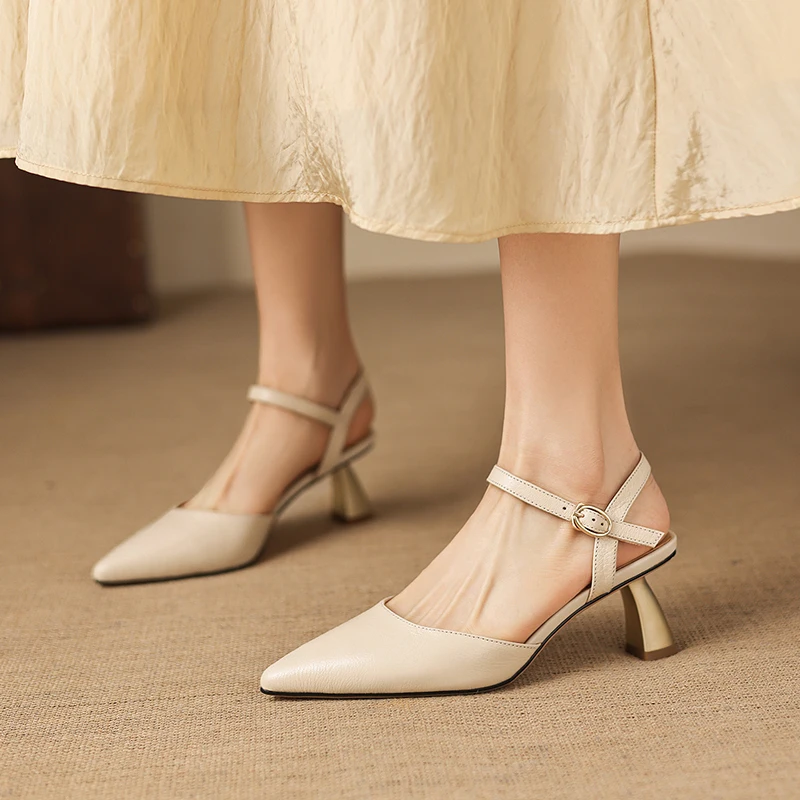 2026 new summer women sandals natural leather plus size 22-26cm sheepskin+cowhide+pigskin pointed toe ankle buckle women shoes