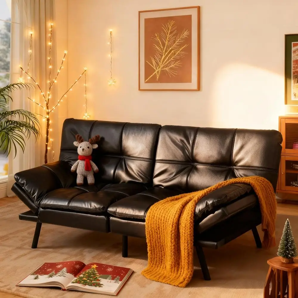 

Memory Foam Leather Sleeper Sofa Bed with Adjustable Armrest and Backrest for Small Spaces