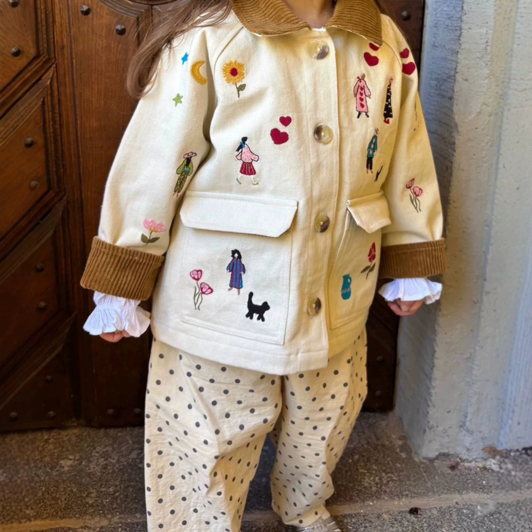 Kids Coat 2026 Winter New Fashion Embroidered Vintage Boys Girls Long Jacket Cotton Lapel Thermal Top Straight Leg Trousers Set