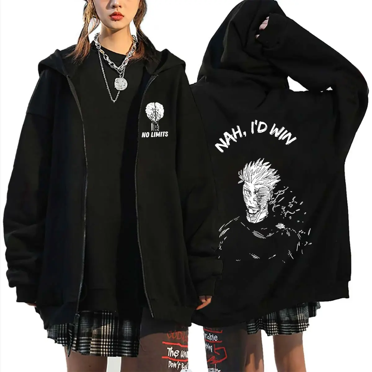 Anime Jujutsu Kaisen Gojo Satoru No Limits Nah I'd Win Zipper Hoodie Men Women Casual Zip Up Jacket Male Manga Oversized Hoodies