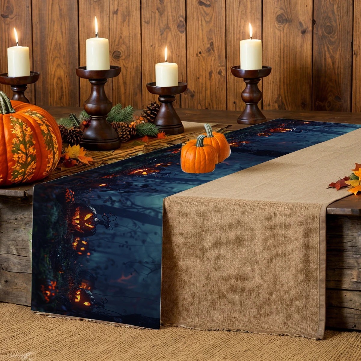 Jack-o-lantern Table Runner Kitchen Dining  Table Decoration for Indoor Outdoor Home Table Runners Washable Dining Long Cloth