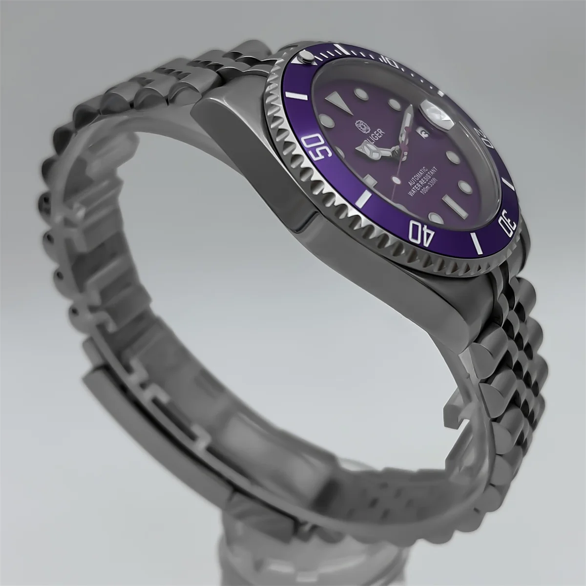 BLIGER 40mm Men\'s Automatic diving watch NH35A sapphire glass rotating bezel Purple dial Aluminum bezel Stainless steel bracelet