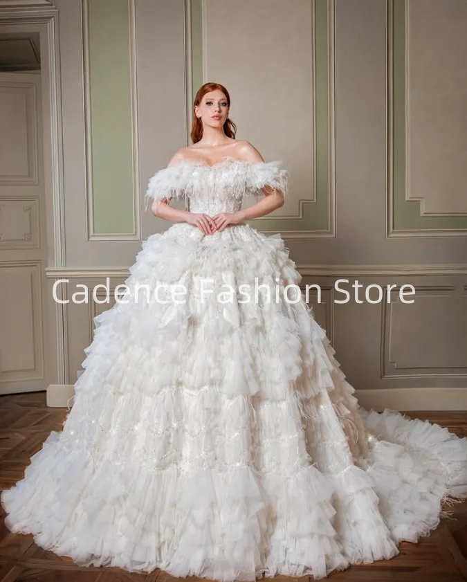 Gaun pernikahan 2025 kustom mewah tanpa tali gaun Prom manik-manik berkilau gaun Orb Multi renda bulu sangat indah