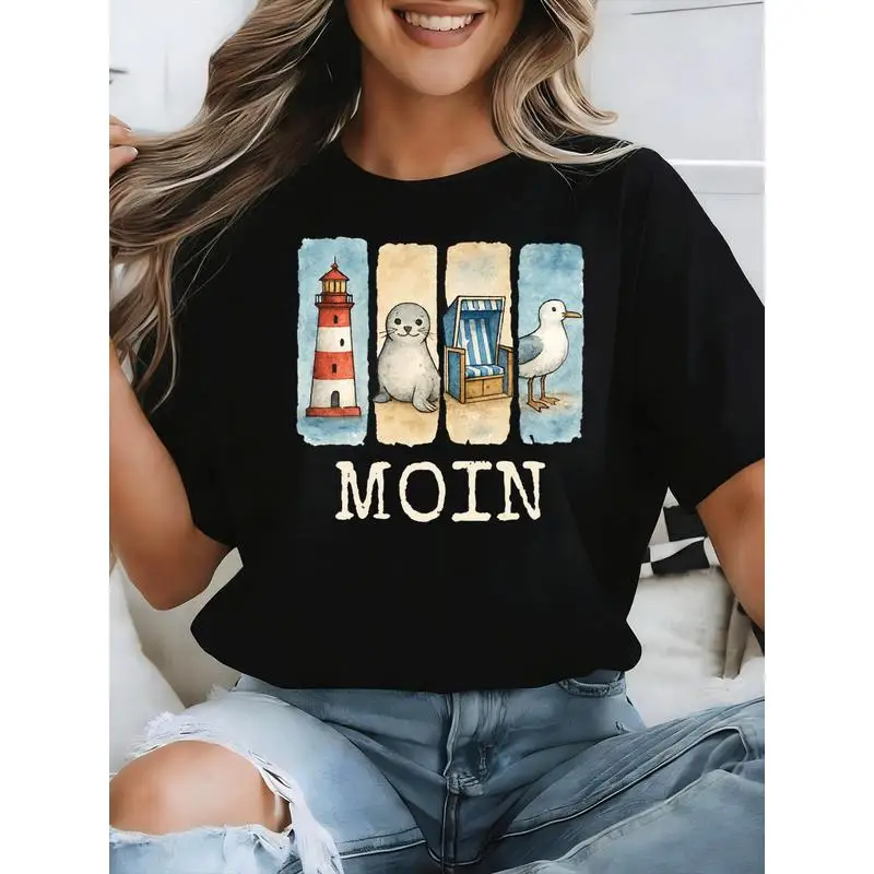 Watercolor North Germany Coast Lighthouse Seal Beach Chair Seagull MOIN German Greeting White Women T-Shirt