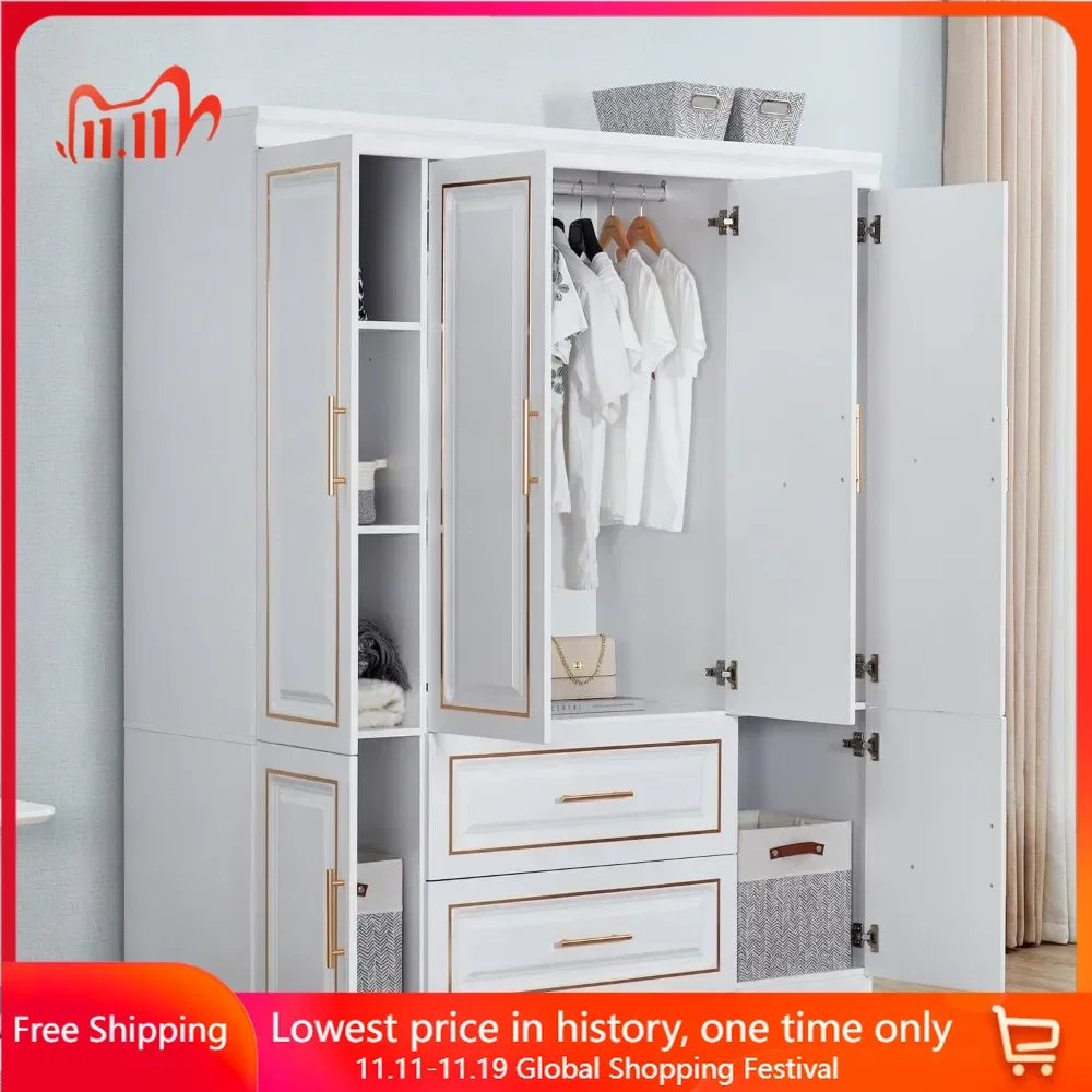 

74" H Closet with Doors White Wooden Armoire Wardrobe Closet Freestanding Clothes with Hanging Rod Shelf 2 Drawers,Wardrobes