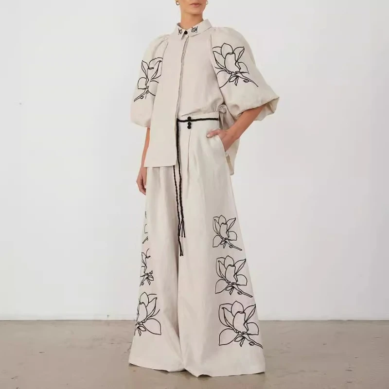 

Модный костюм из хлопка и льна с вышивкой и широкими брюками, осень-зима 2023, блузка и брюки с цветочным принтом, свободный женский костюм