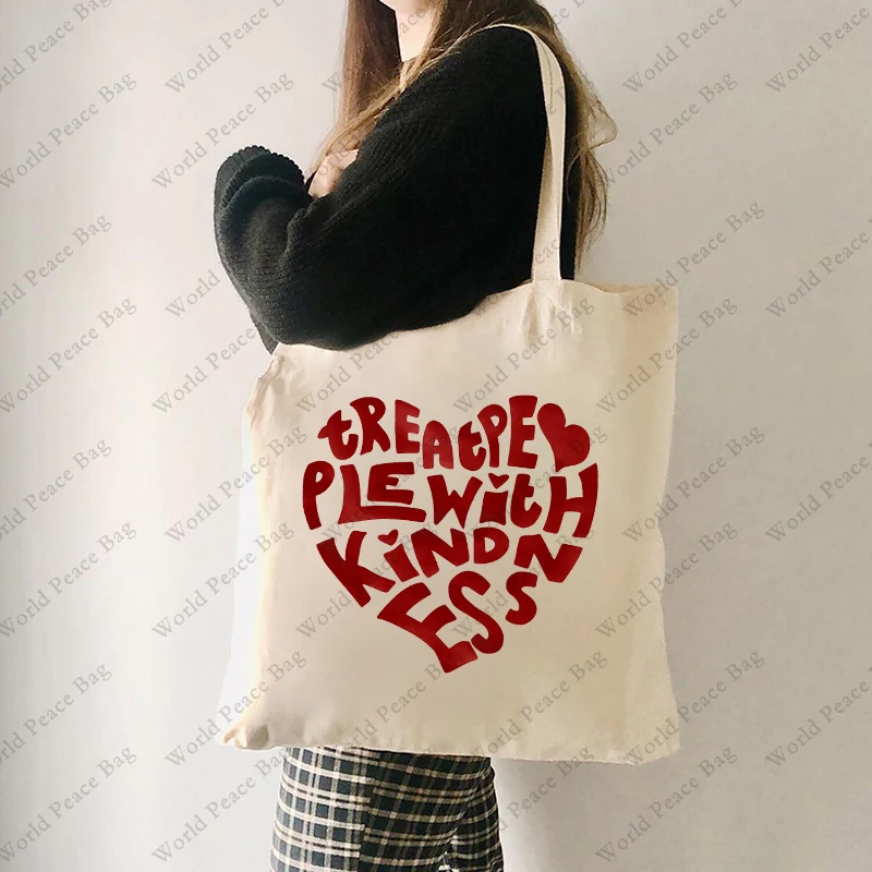 1 Pc Treat People with Kindness Pattern Tote Bag Large Capacity Canvas Shoulder Bag for Travel Daily Women Reusable Shopping Bag