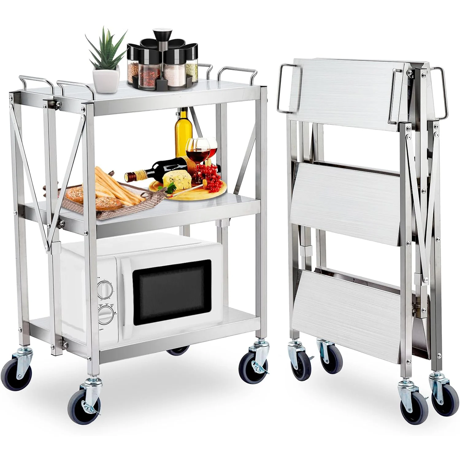 Heavy Duty Folding Utility Cart, Stainless Steel Collapsible Service Cart 133 Lbs Large Loading Per Shelf, 3-Tier Rolling Cart