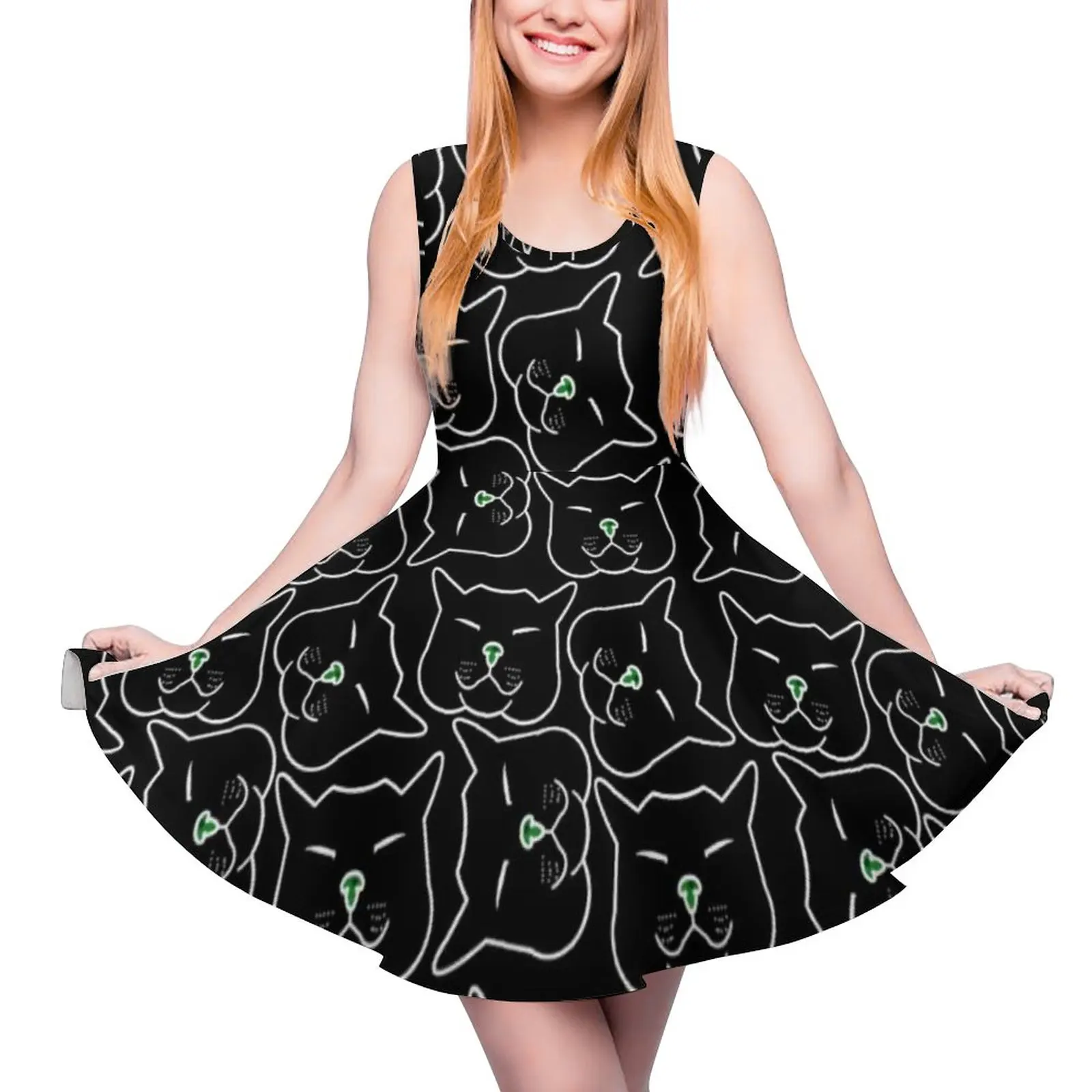 Vestido con caras de gato negro para mujer, Vestidos Vintage abstractos de animales, de cintura alta, informales, con estampado de verano, gran oferta, regalo