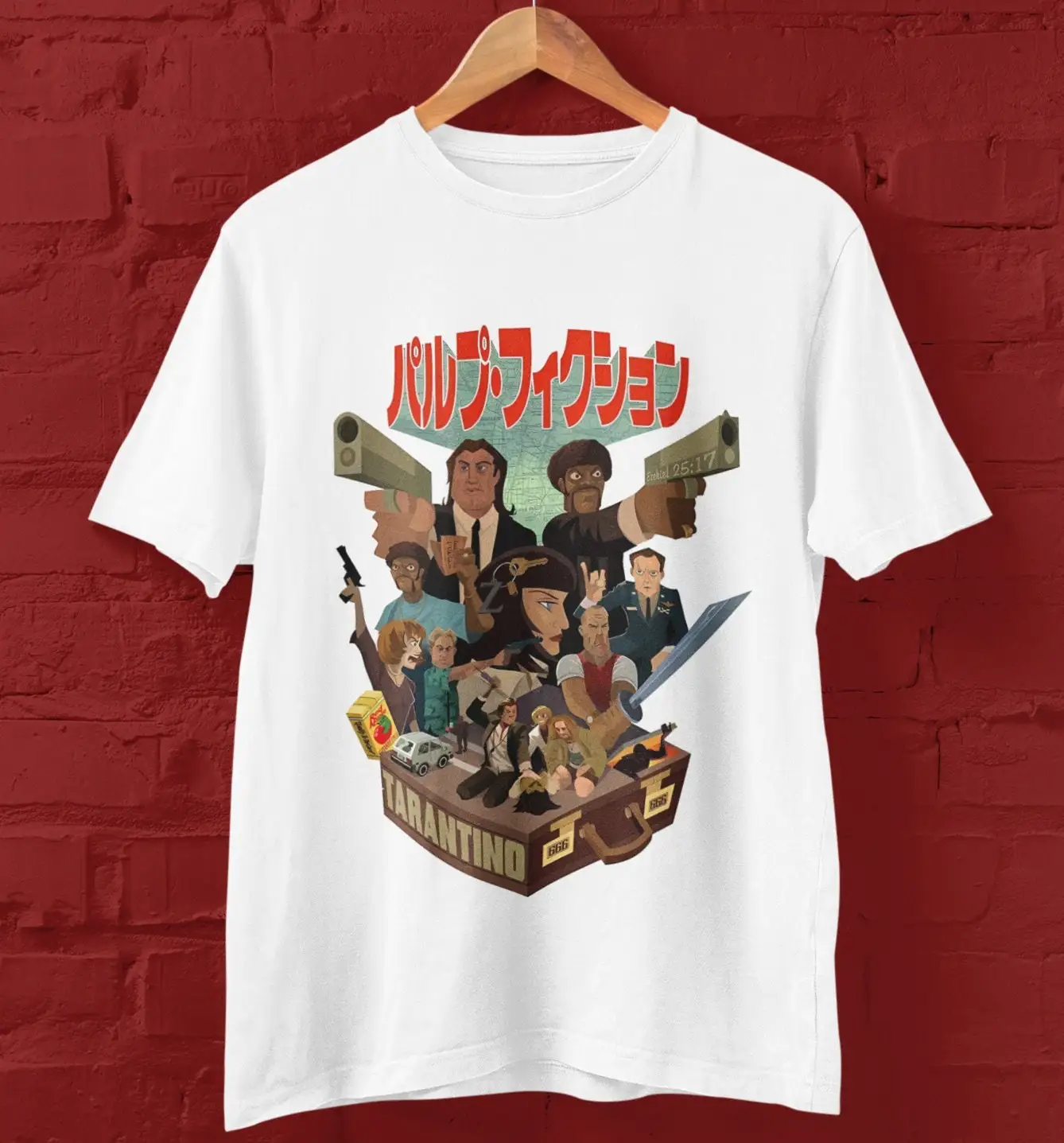 Pulp Fiction Cartoon Artwork Crewneck T shirt Quentin Tarantino Movie Japanese Style Rare for Lovers