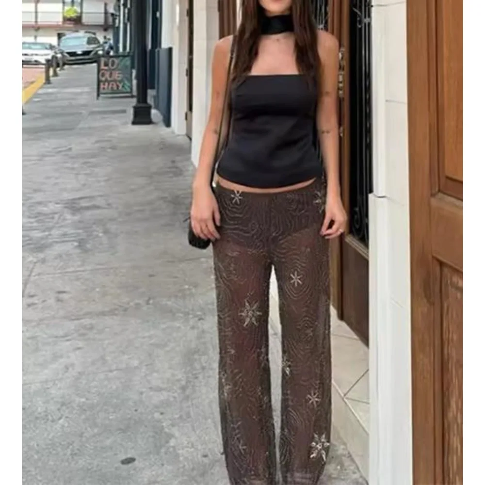 2025 Sexy Perspective Diamond Women's Pants Fashionable Bead Embroidered Low Waist Female Long Pant Summer Chic Casual Trousers