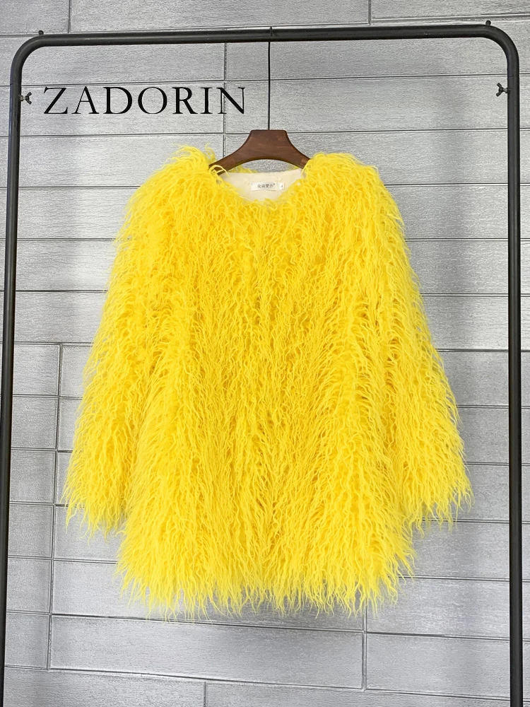 ZADORIN-Manteau mi-long en fausse fourrure de mouton pour femme, veste moelleuse à manches longues, manteau noir et rose, document Candy, mode