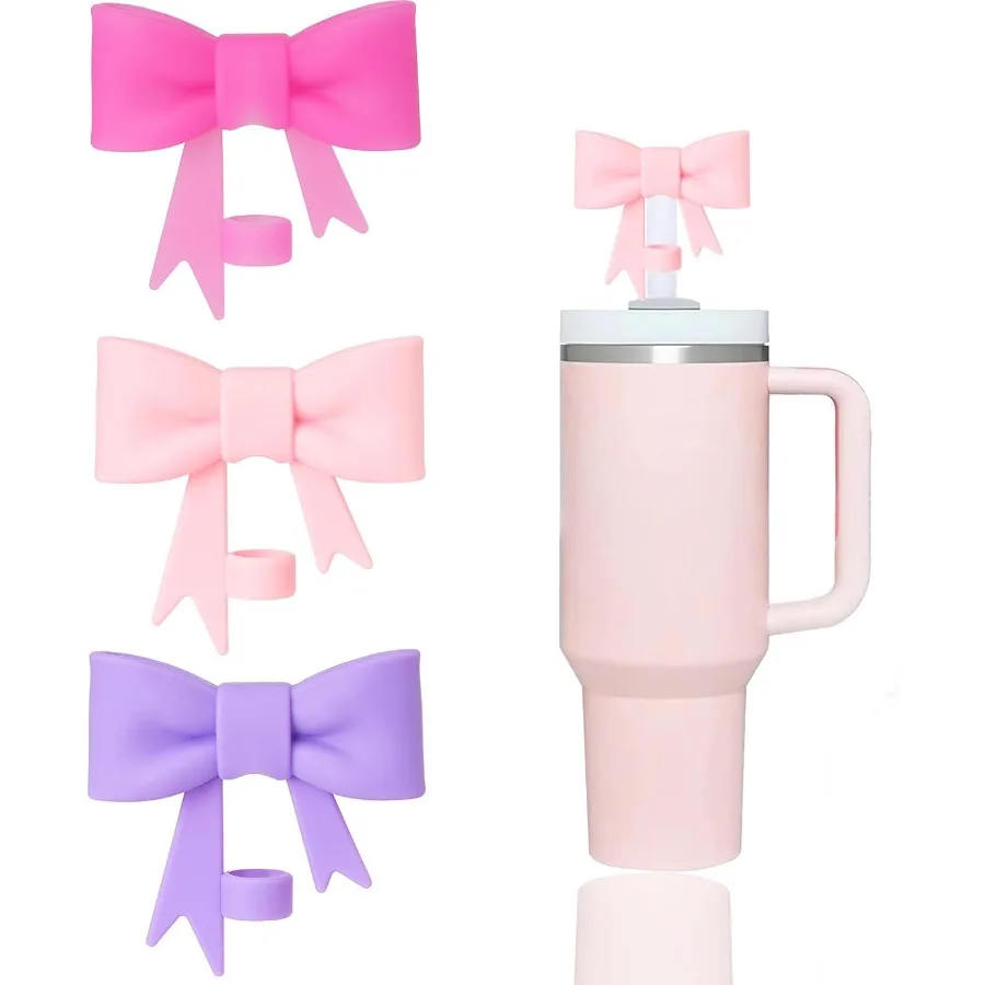 3 pçs clássico elegante arco palha enseada boné toppe compatível com stanley 30and40 oz copo copo reutilizável bonito canudos de silicone tampas