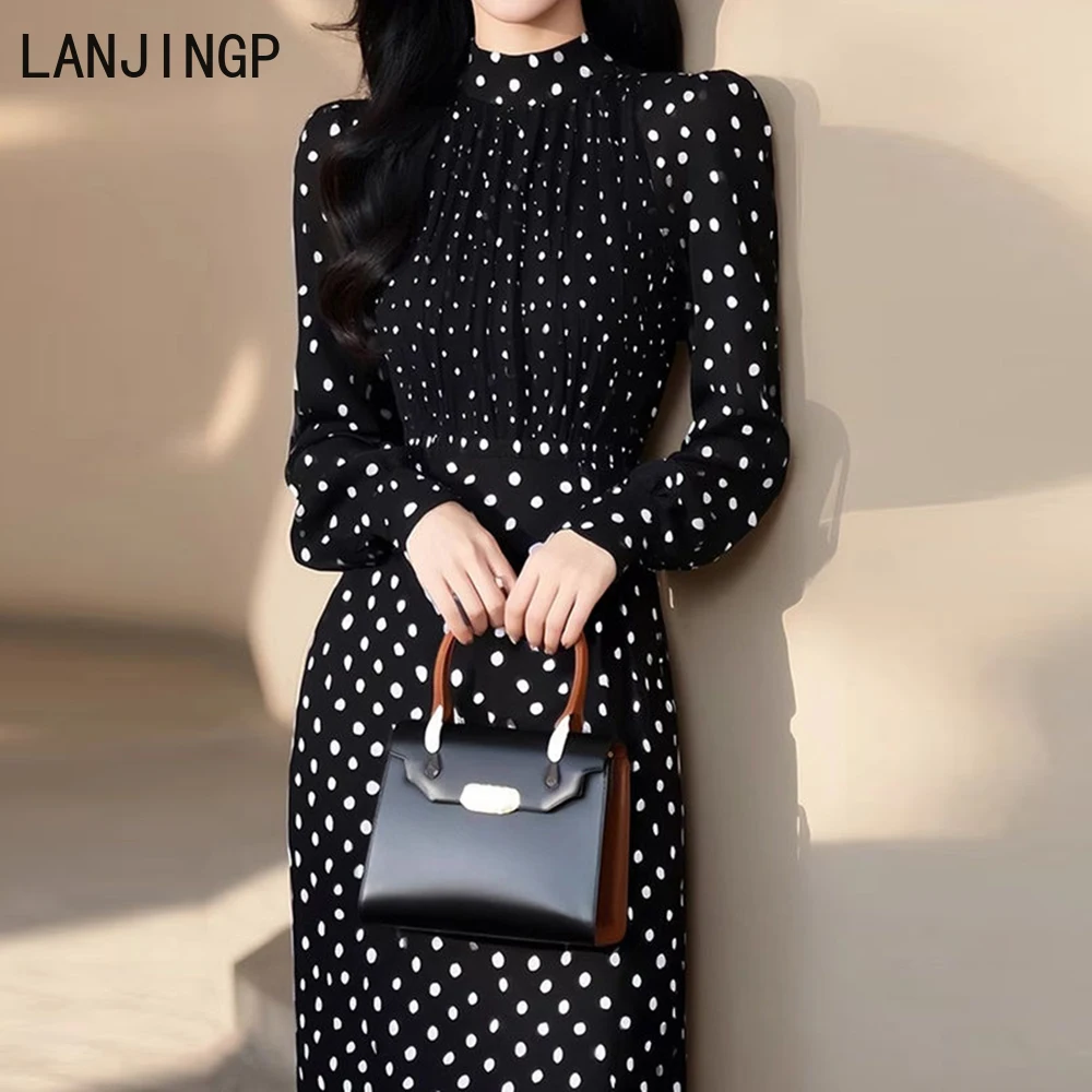 

Japanese niche socialite black polka dot waist dress spring new fashion ins long dress vestidos de fiesta