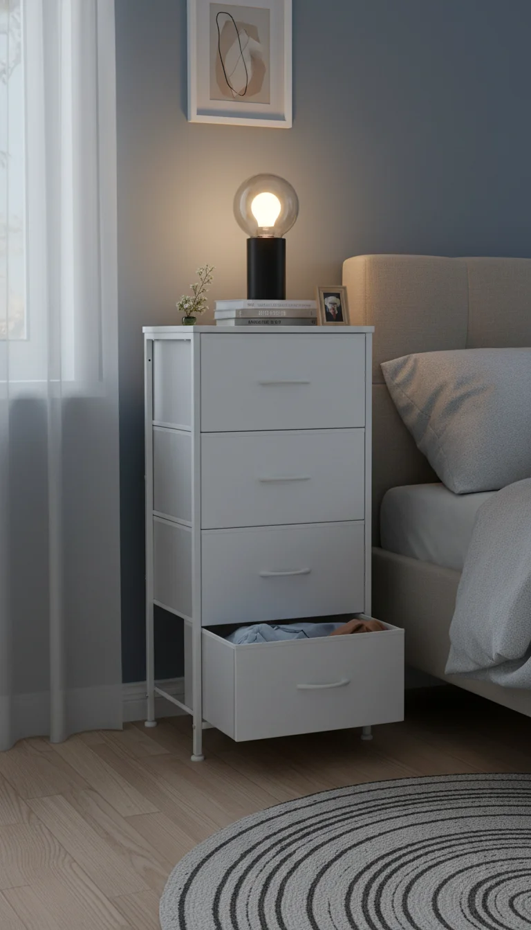 Comodino con cassetto in tessuto per piccole camere da letto, dormitori, appartamenti - Organizzatore di stoccaggio a 4 cassetti