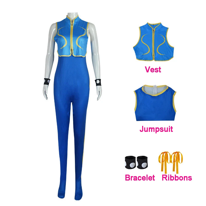 Figher Gioco Chun Li Costume Cosplay Parrucca Blu ChunLi Supereroe Tuta Donna Ragazze Carnevale Vestito da festa Tuta Zentai Suit