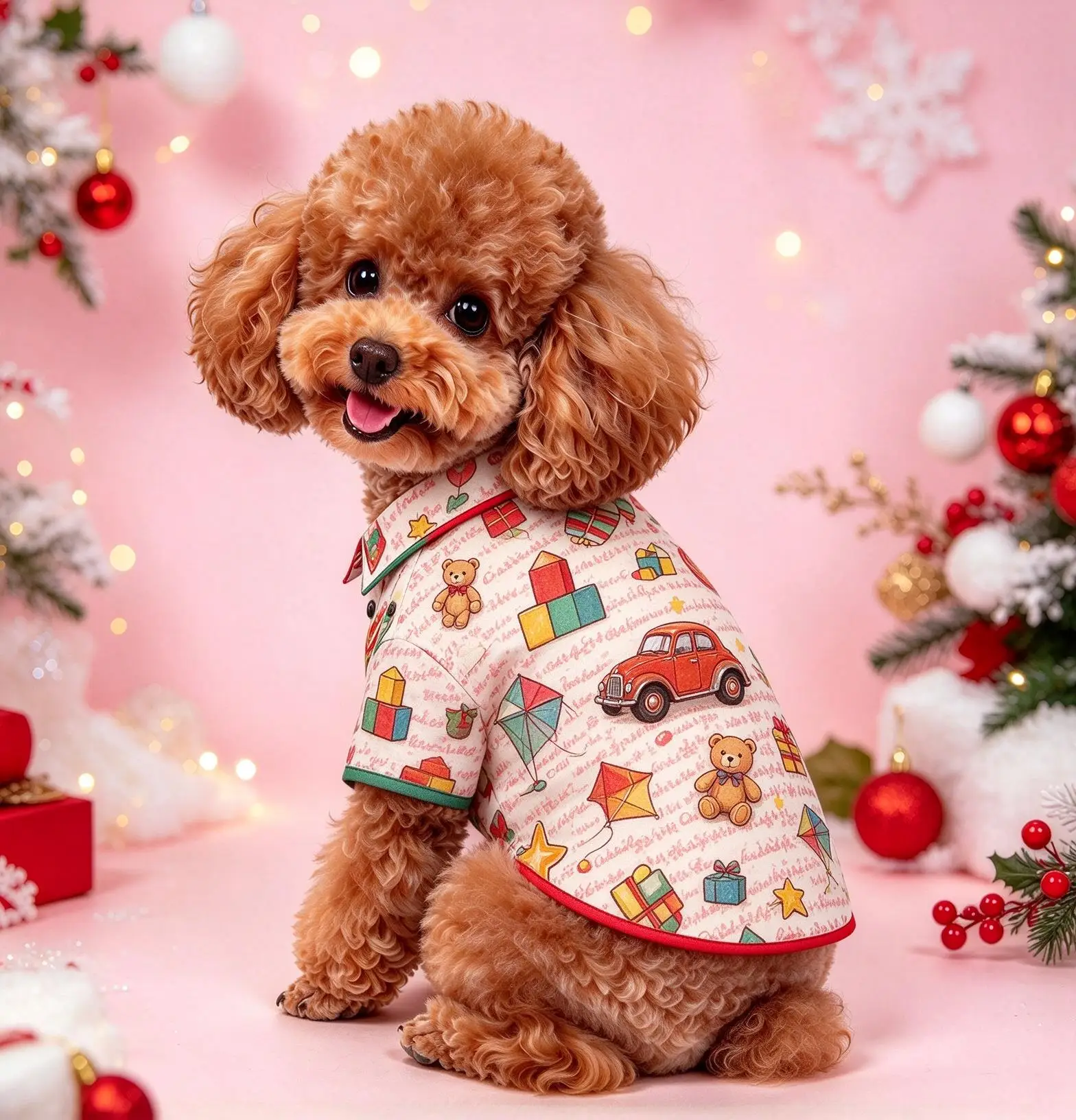 Christmas Pet Button Down Shirt, Vintage Toy Musical Instrument Print Short Sleeve Soft Clothes for Cats & Dogs