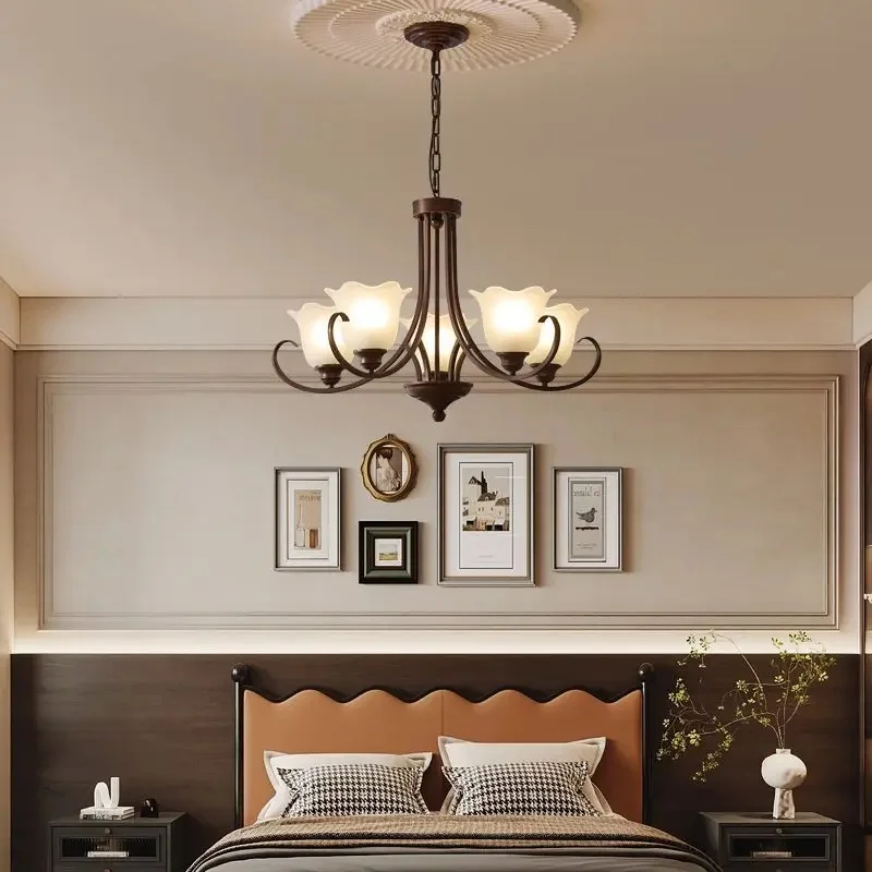 Vintage Bronze Chandelier Curved Scroll Metal Ceiling Light Frosted  Pendant Lamp Living Room Dining Bedroom Home Decor