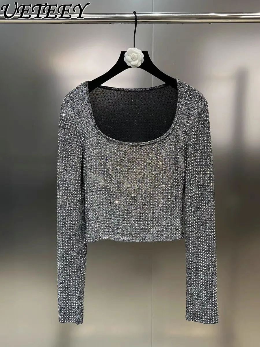 2023 New Autumn Winter Long-Sleeved T shirt Women Fashion Big Round Neck Long Sleeve Hot Drilling Sparkling T-shirts Tops Female