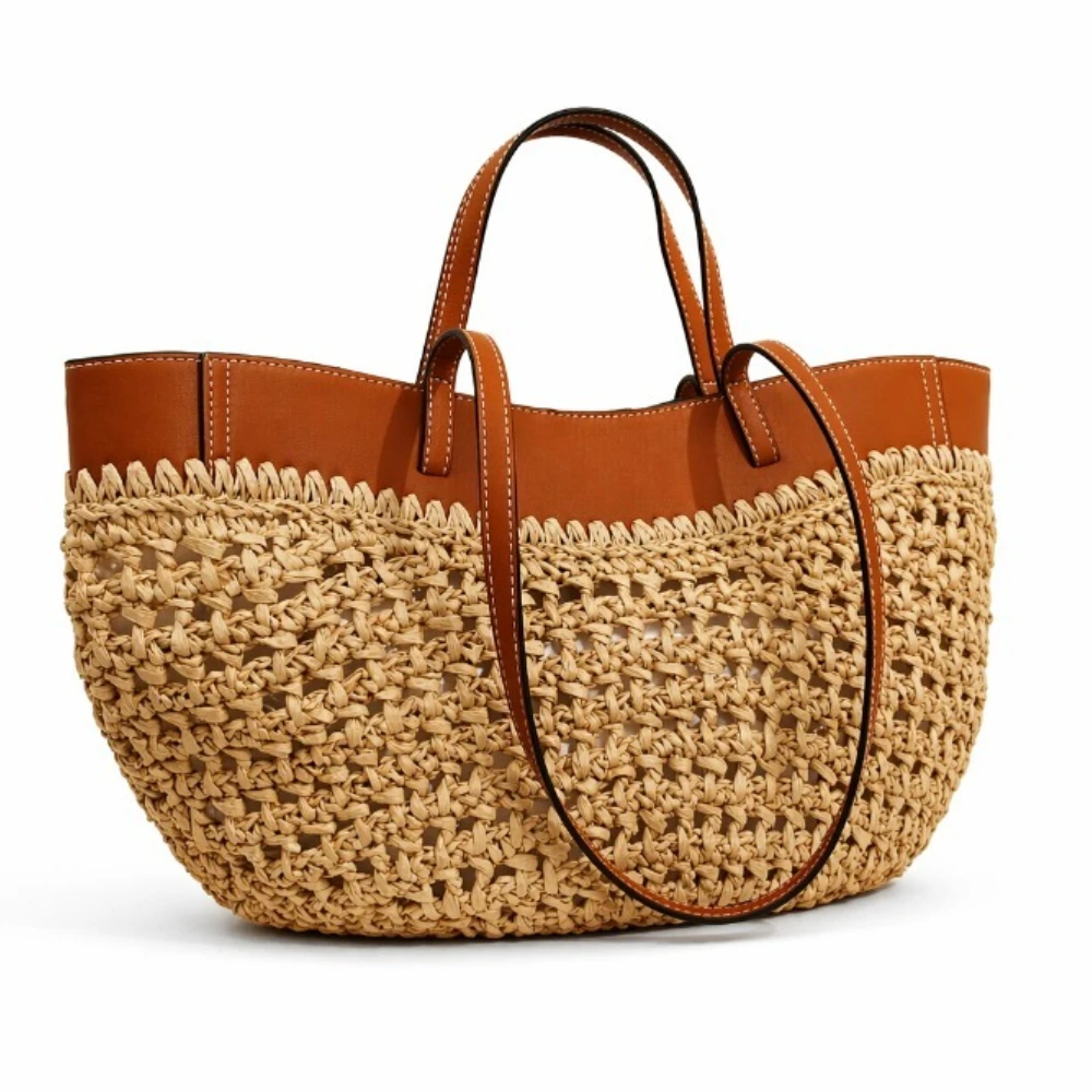 Large-capacity Straw Tote Bag, Handwoven Drawstring Tote Bag, Holiday Style Shoulder Bag