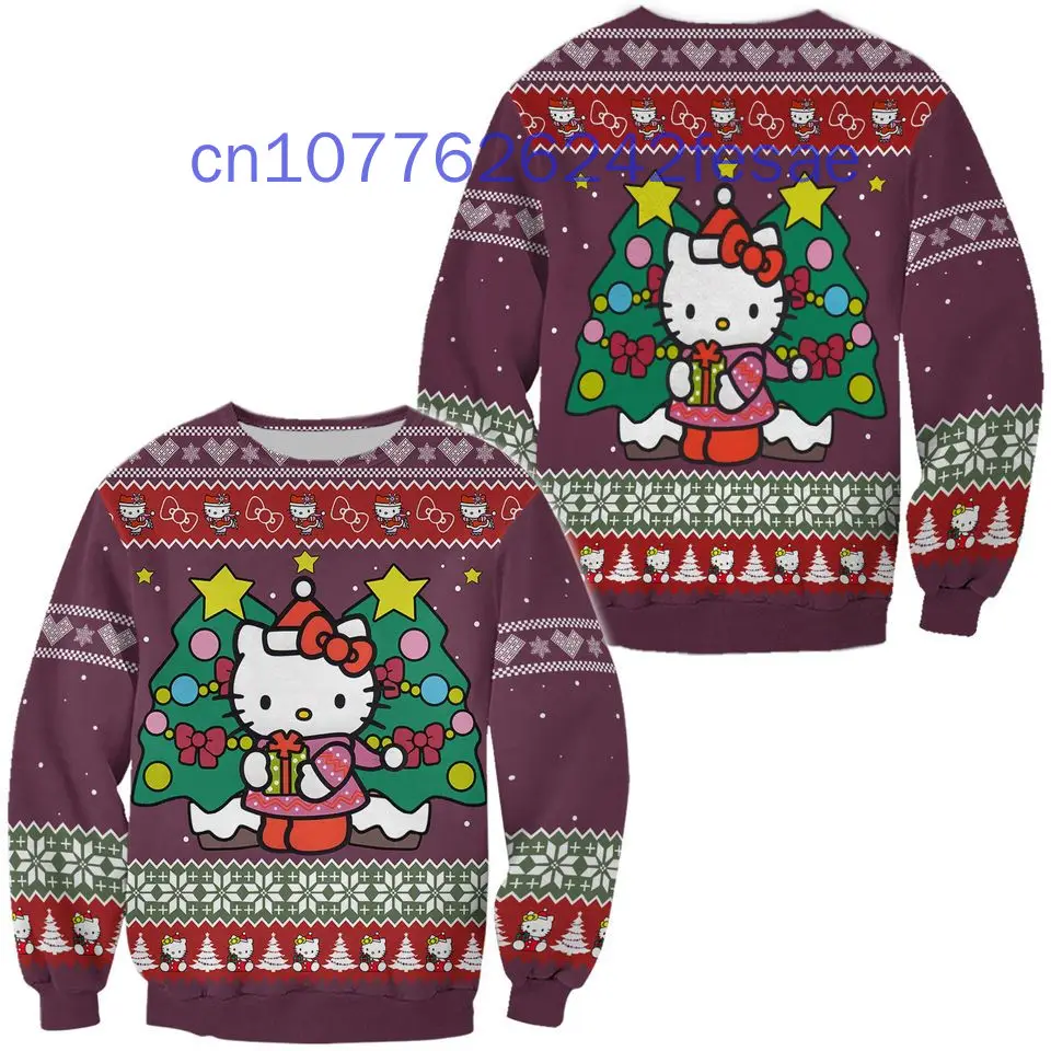 Pull de Noël imprimé Hello Kitty 3D pour hommes et femmes, pull à manches longues, col rond, décontracté, rue, Y2K, nouveau