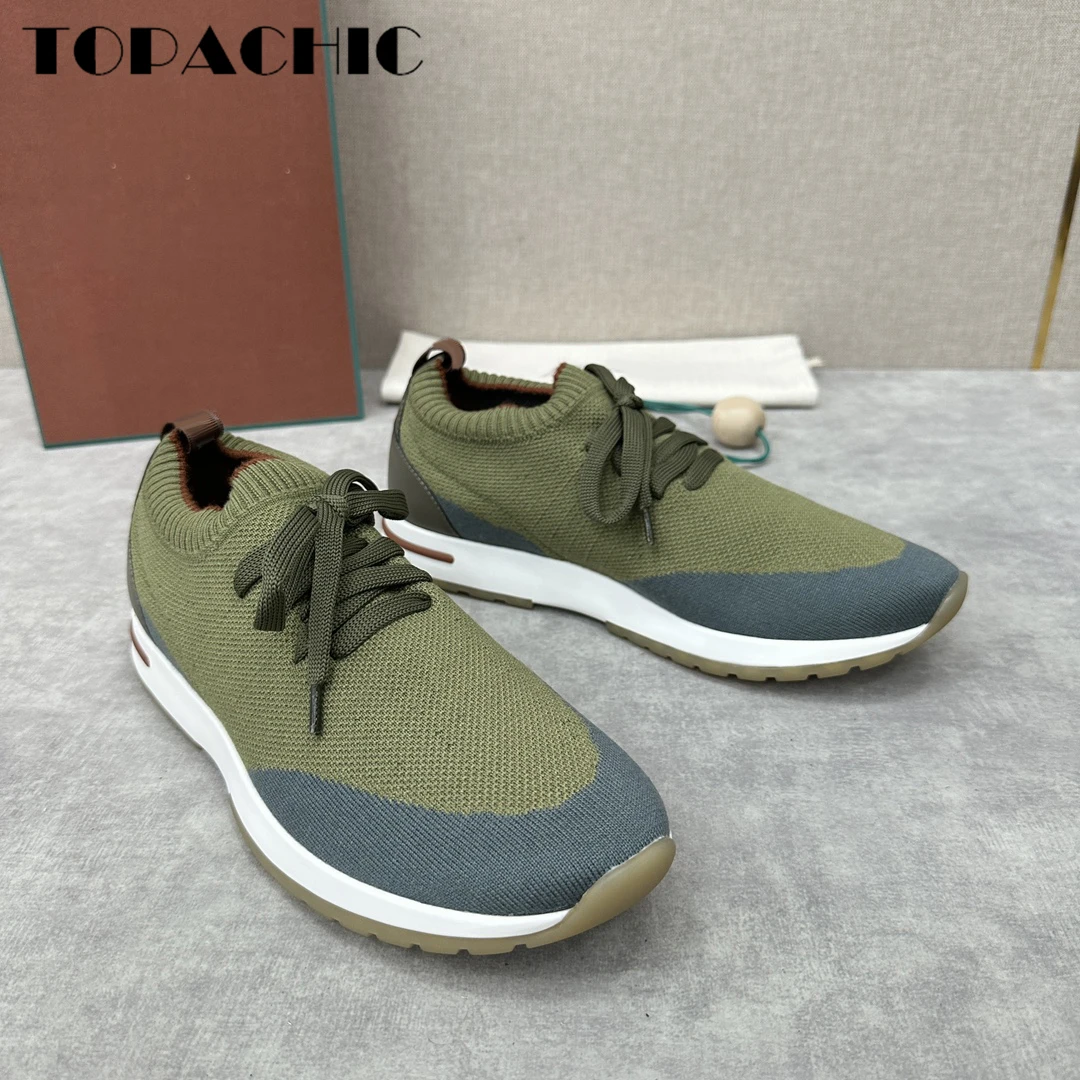 12.5 TOPACHIC Men\'s Round Toe Knitted Sneakers Contrast Color Lace-Up Comfortable Flat Casual Shoes