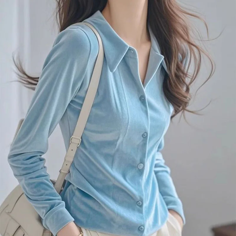 Biyaby Women's Plus Velvet Shirt Early Spring Casual Solid Color Slim Shirts Woman Single Breasted Lapel Long Sleeves Blouses