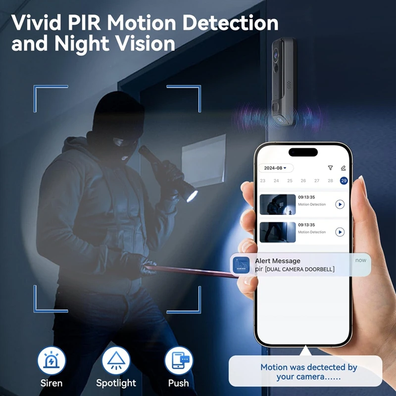 كاميرا جرس الباب المزدوجة اللاسلكية بدون اشتراك، كاميرا باب ذكية 2K لاسلكية، مع كشف الإنسان بالذكاء الاصطناعي، رؤية ليلية