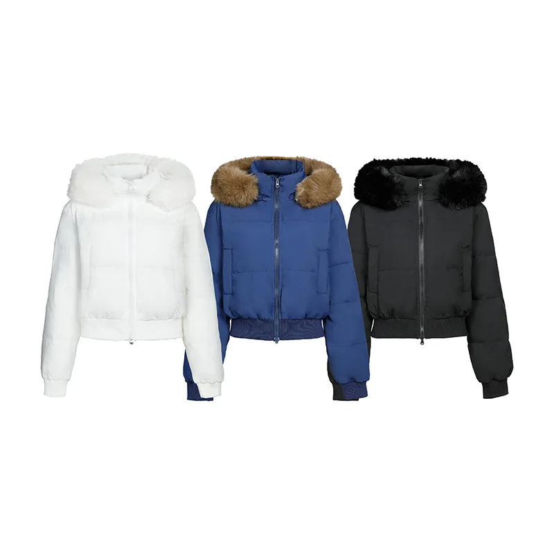 

ANS женская короткая куртка-пуховик зимнее пальто с меховым воротником с капюшоном однотонная роскошная парка Тедди верхняя одежда теплая