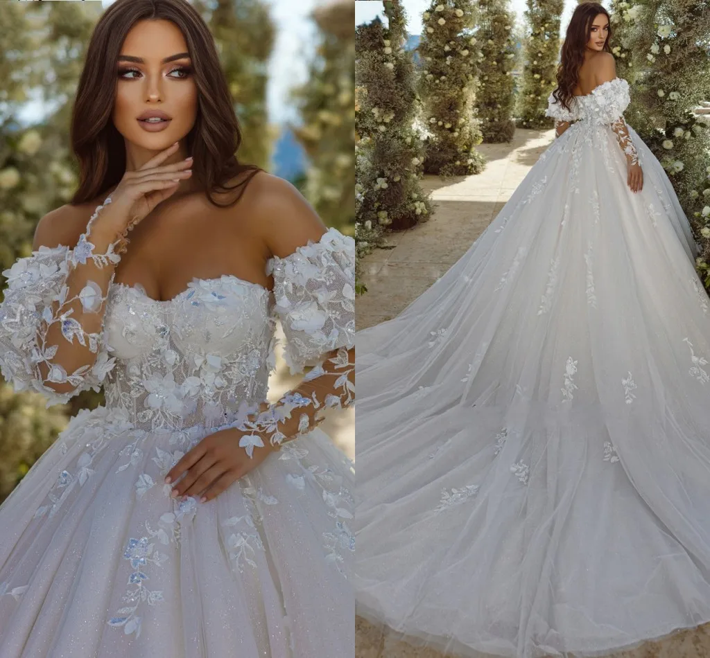 Elegant Sequined Wedding Dress  Off the Shoulder Beading 3D Appliques Lace Bridal Gowns Retro Vestidos De Noiva Robe Mariage