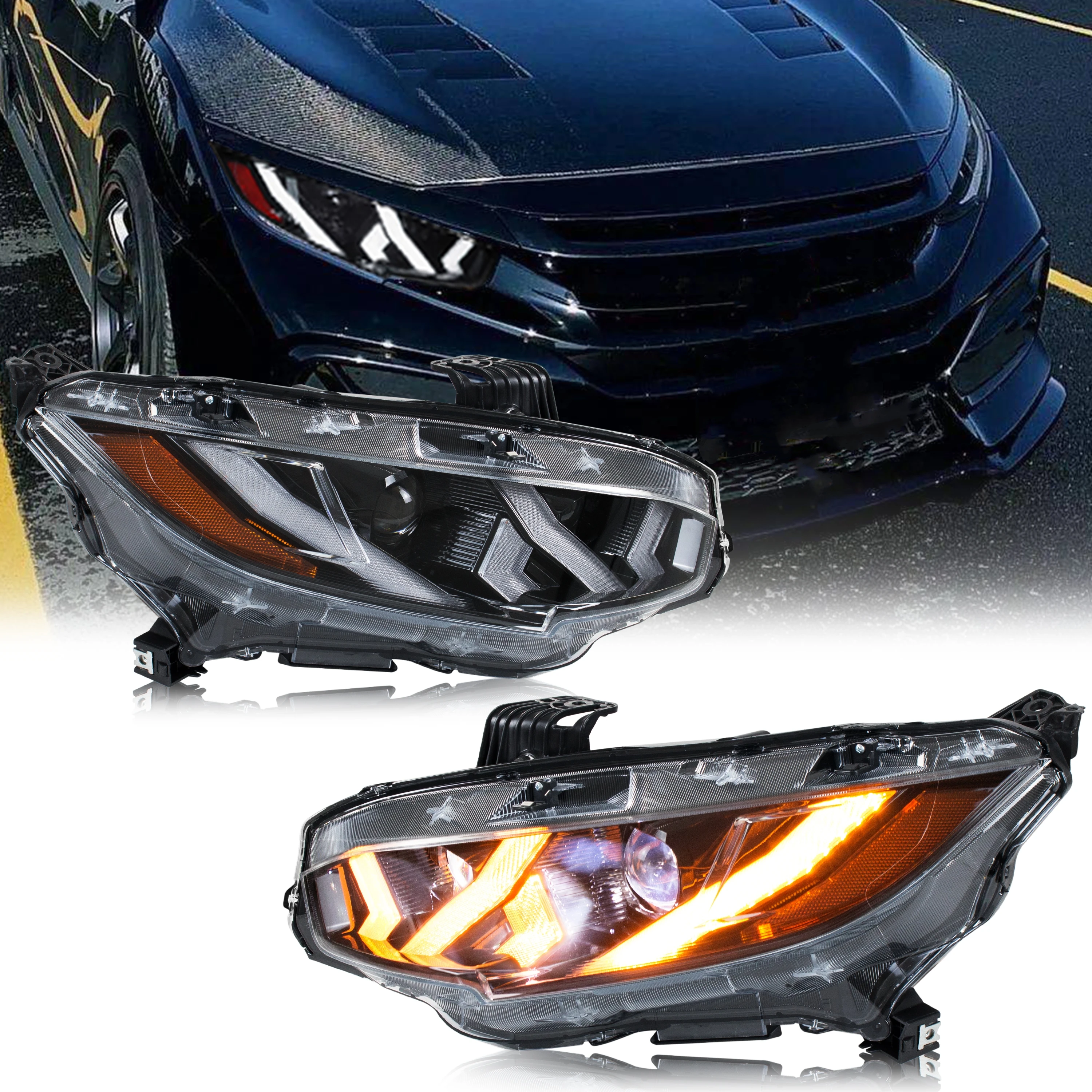 LED Headlights for Honda Civic 2016-2021 10th Gen FK Sedan Hatchback Type-R Start-up Animation Sequential Signal