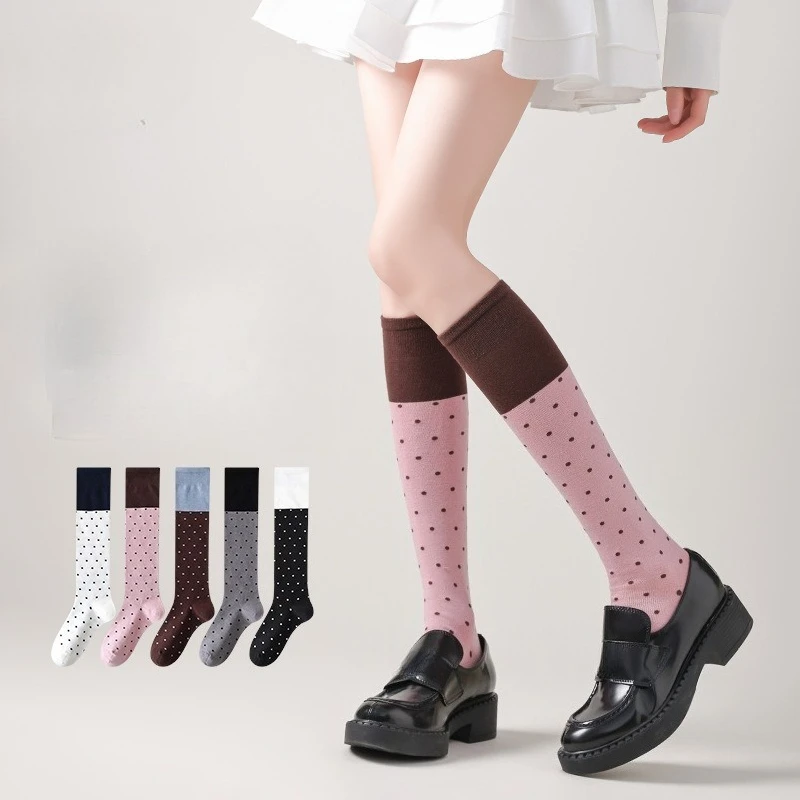 1 Pair Spring Autumn New Korean Polka Dot Color Block Women's Calf Socks,Sweet Versatile Knee High Slouchy Cotton Stockings