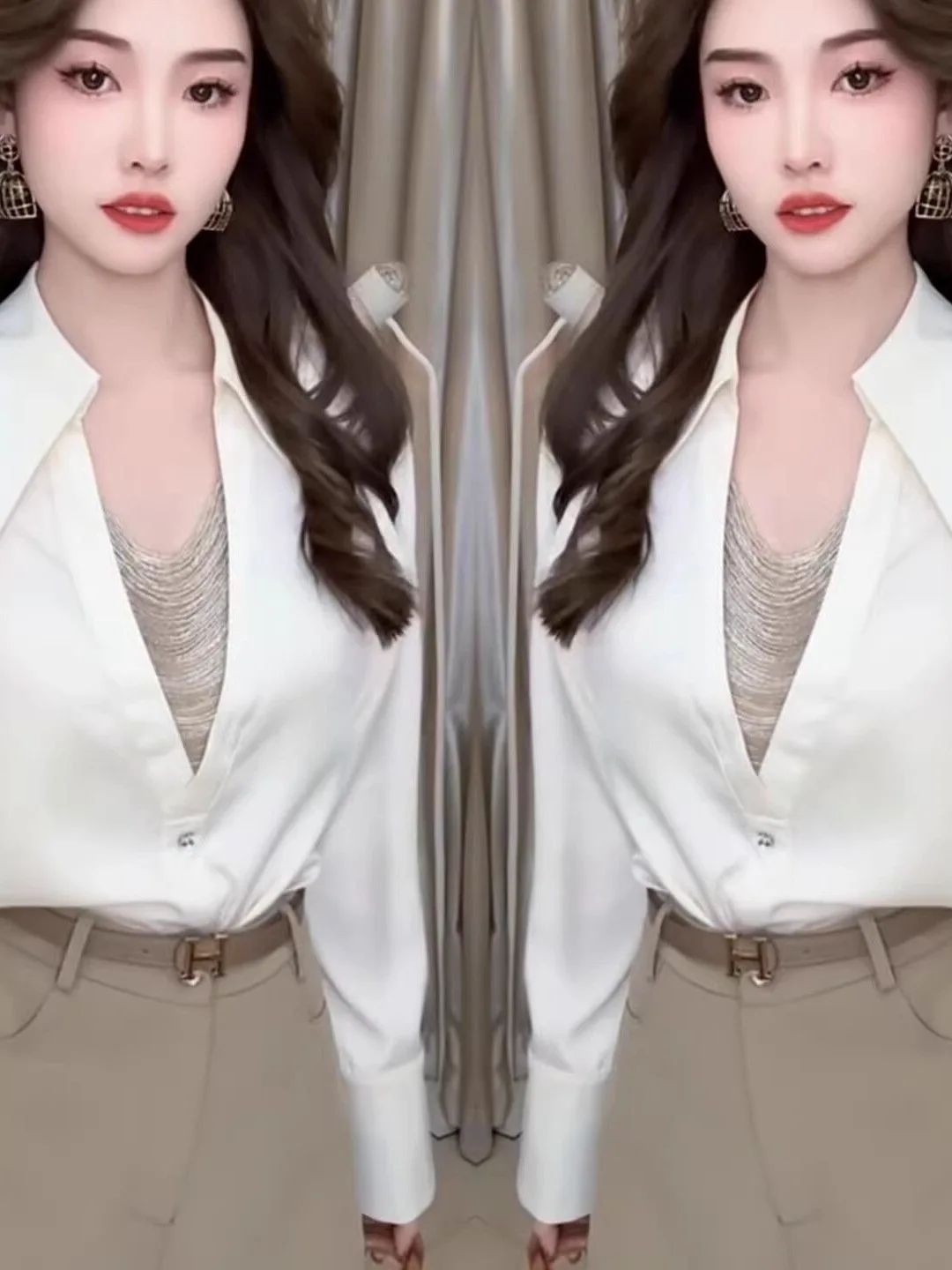 

Новая модная молодежная блузка Ele Splice с длинным рукавом, дизайнерская, с цепочкой, отложным воротником и пэчворком, осенняя коллекция 2025