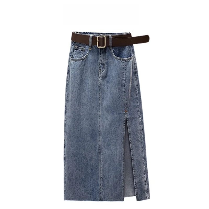 

High Waist Mid-Length A-Line Denim Skirt for Women Faionable Tummy Covering Slimming Cara CLUB plus Size Split Design