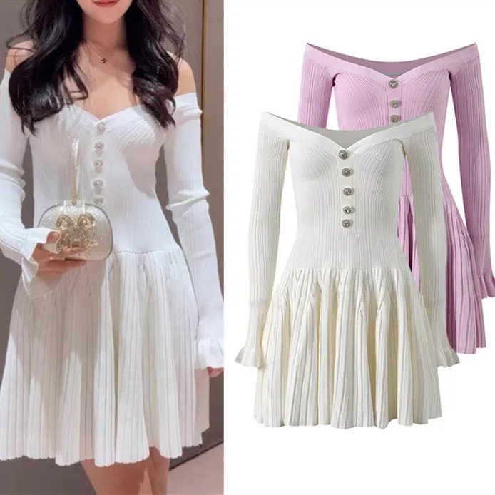 

Ele Sweet Knitted Dr High-End Version oulder Bared Diamond Decorated Slimming Waist Spring Summer Faion Ladies Skirt