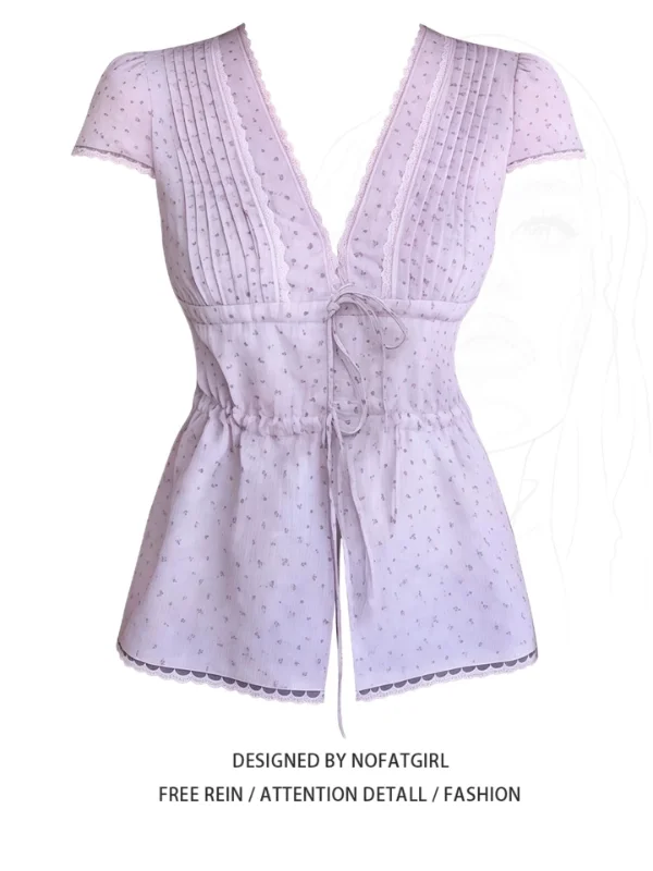

plus Size Korean Style Women's Shirt Purple Floral Lace V-Neck Short Sleeve Sweet Top Design Summer Commute Fashion