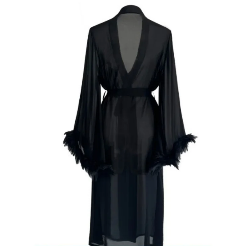 Women Simulation Silk Chiffon Pajamas Robes Sleepwear Nightgowns Long Sleeve Nightdress Black Feather Bathrobe Smooth Soft