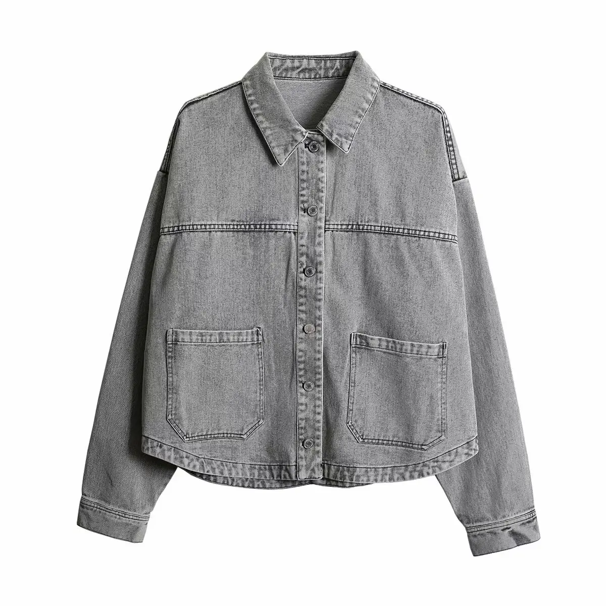 2024 ZAR4 Summer New Women\'s Loose Casual Lapel Long sleeved Patch Bag Decoration denim jacket jacket