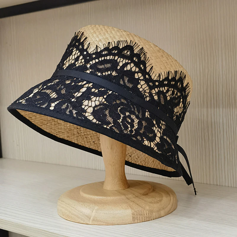 Fashion Japanese New Lace Decorative Fisherman Bucket Hat Women\'s Elegant Bow Sunscreen Raffia Hat Wide Brim Beach Sun Visor Hat