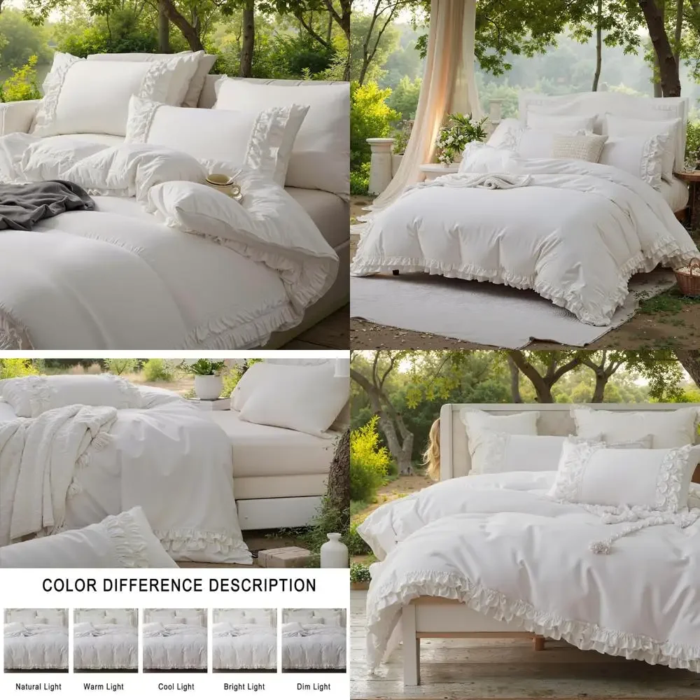

Queen Size 100% Cotton Ruffled Comforter Set in White - Shabby Chic Farmhouse Style Bedding with French Country Charm