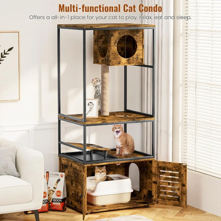 All-in-1 Large Cat Tree with Litter Box Enclosure and Scratching Posts Rustic Brown Cat Condo Featuring Integrated Feeding Bowl