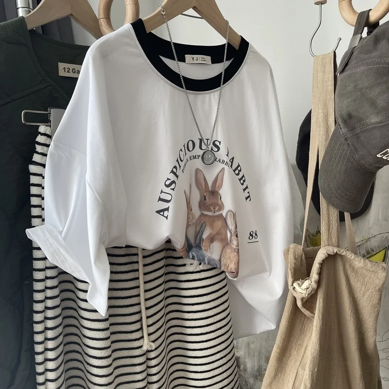 Extra Large 300 Pounds Retro Rabbit Print Loose Lazy Oversized Short Sleeve T-Shirt Women Casual Slimming Pure Cotton Top