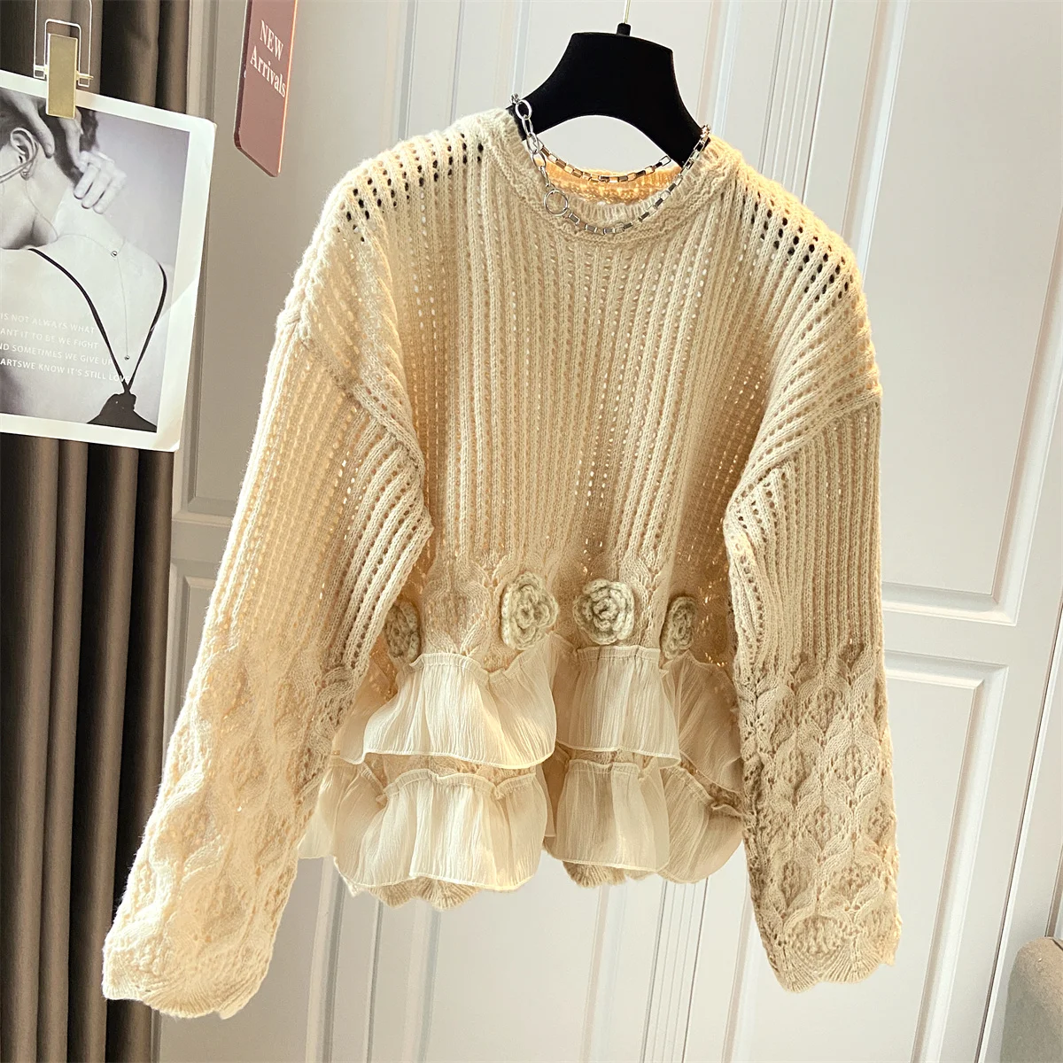 Chic Lace Patchwork Sweater Women\'s Layering Sweet-style Women\'s Tops French Fashion Rose Floral Design Sweater