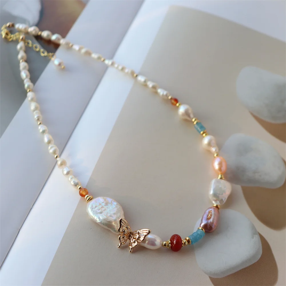 

Retro Bohemian Necklace Women's Irregular Red Blue Beads mixed Color pearl Chain Music Festival Party Layered Choker