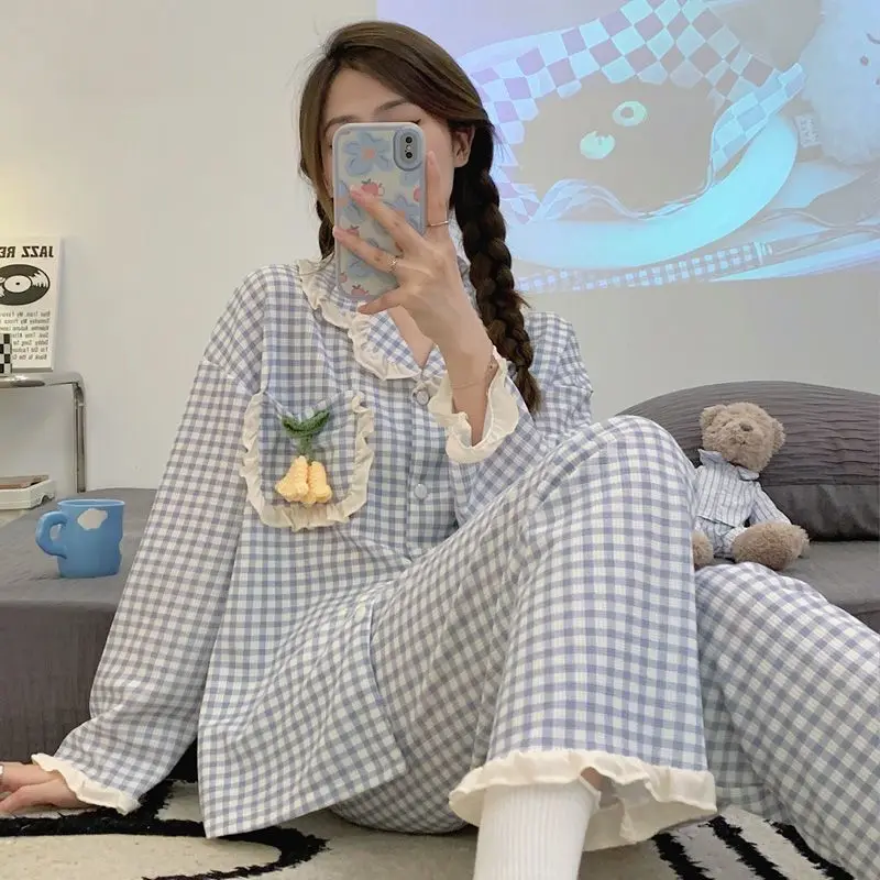 Plaid Sleepwear Women Pajama Sets Pocket Long Pants Sets 2 Pieces Piiama Ruffles Korean Style Full Sleeve Autumn Night Wears New