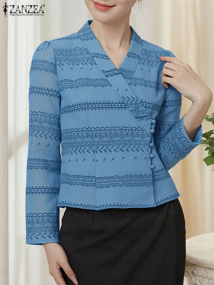 

ZANZEA Autumn Blouse Long Sleeve Vintage Cotton Blusas Women Elegant Tops 2025 Fashion Solid Color V Neck Buttons Tunic S-3XL